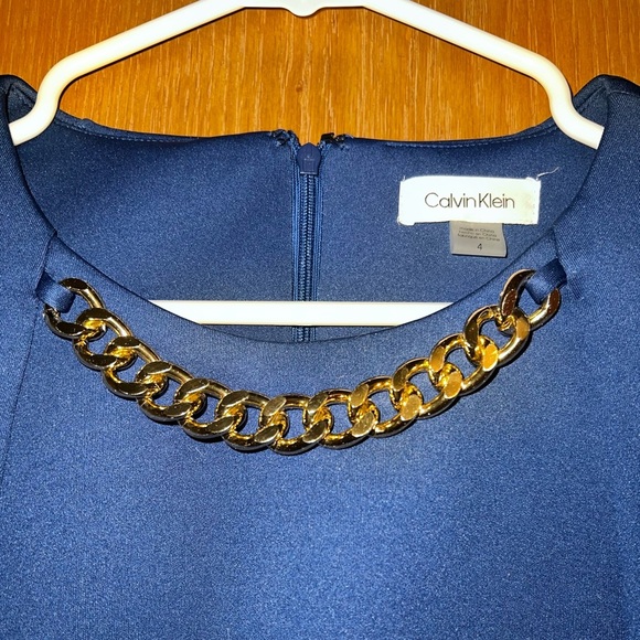 NWOT Calvin Klein Dress Blue Designer Gold Chain Metal New Royal Sleeveless Midi - Picture 3 of 6